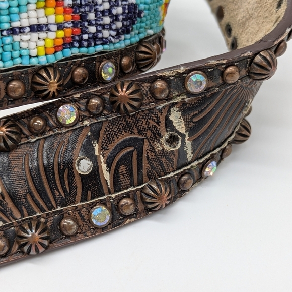 RODS Brown Blue Beaded Rhinestone Leather Belt XL main image 6